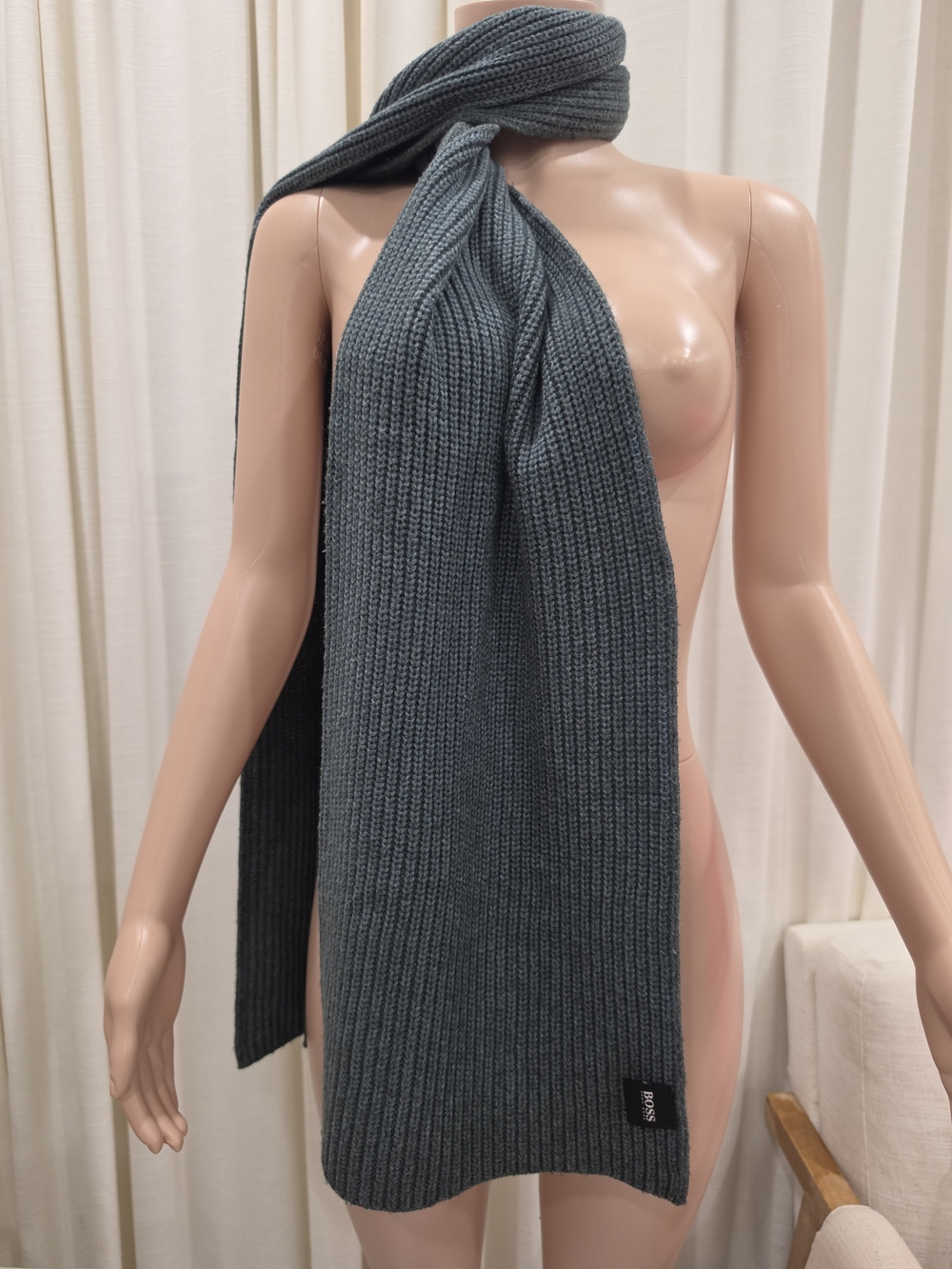BOSS Ribbed Knit Scarf in Slate Blue-Green
